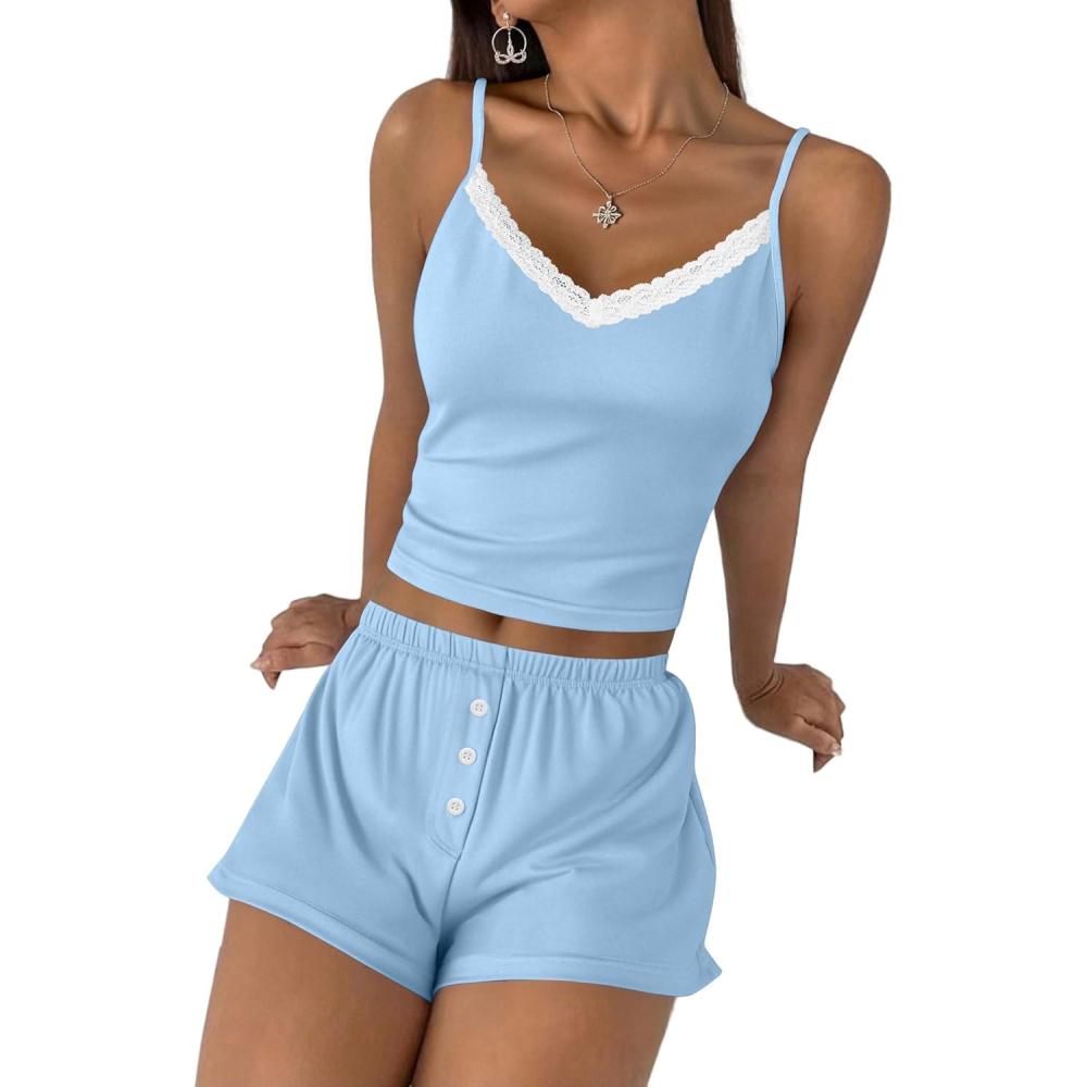 imageEkouaer Cami Pajama Sets Y2K 2 Piece Lace Crop Top and Shorts Sexy Pjs Summer Lingerie Sleepwear Nightwear for WomenLight Blue