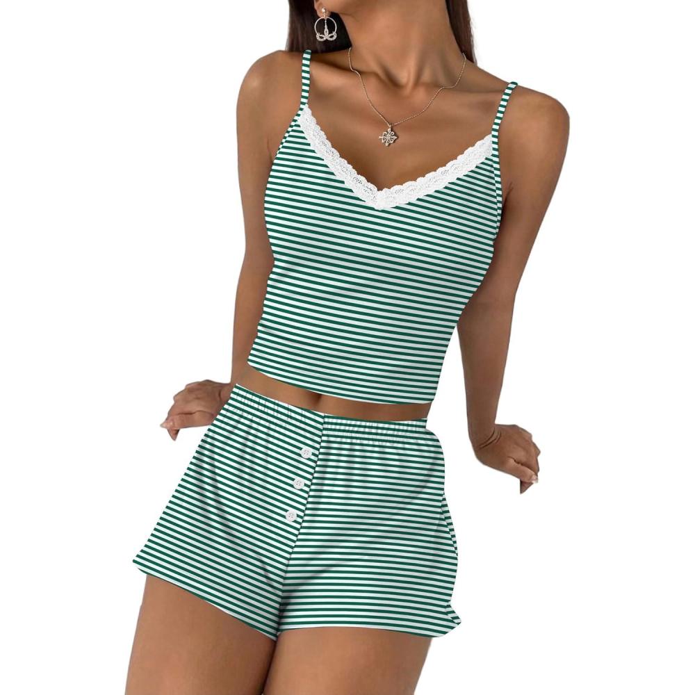 imageEkouaer Cami Pajama Sets Y2K 2 Piece Lace Crop Top and Shorts Sexy Pjs Summer Lingerie Sleepwear Nightwear for WomenStripe Green White