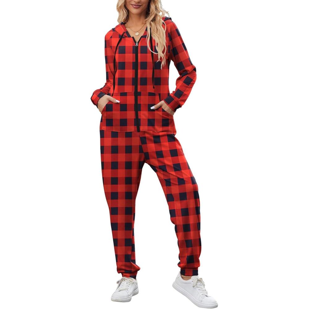 imageEkouaer Christmas Onesies for Women Zipper Hooded Onesie Pajamas Adult Soft One Piece Pajama with PocketsRed Plaid
