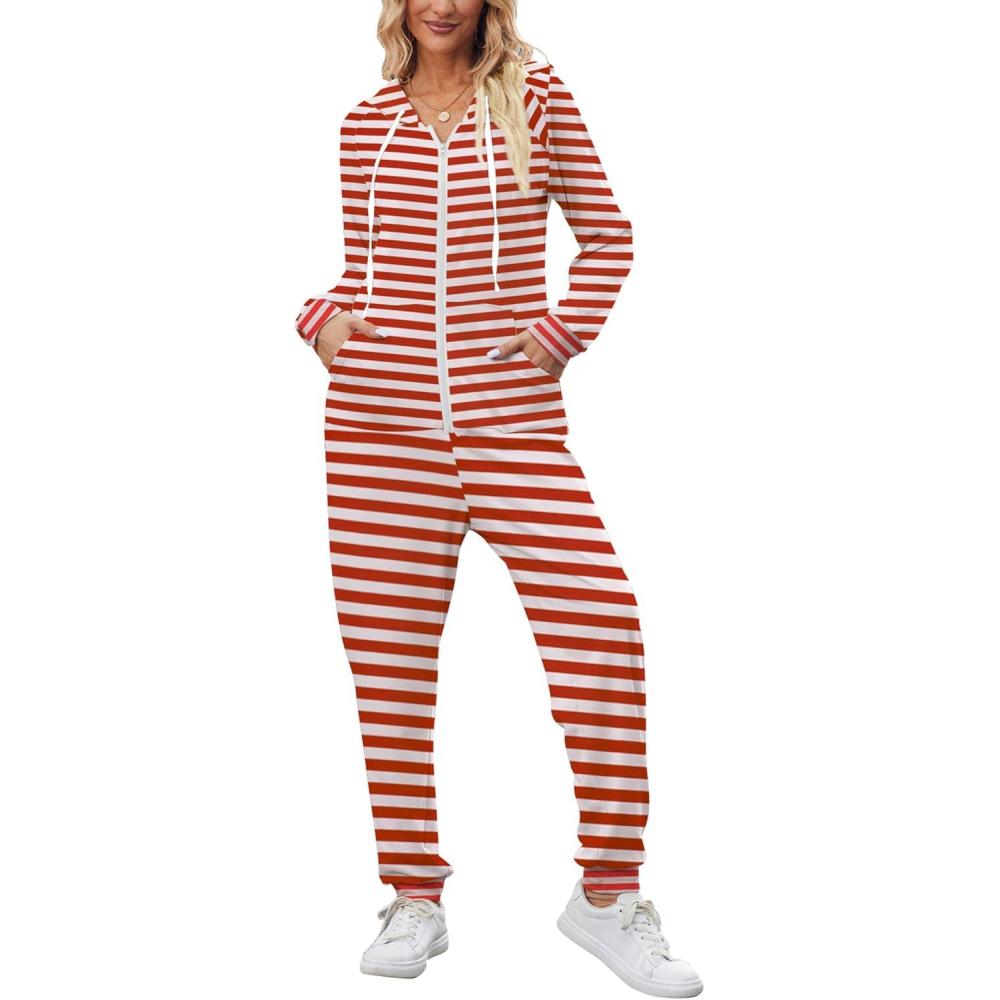 imageEkouaer Christmas Onesies for Women Zipper Hooded Onesie Pajamas Adult Soft One Piece Pajama with PocketsRed White Stripes