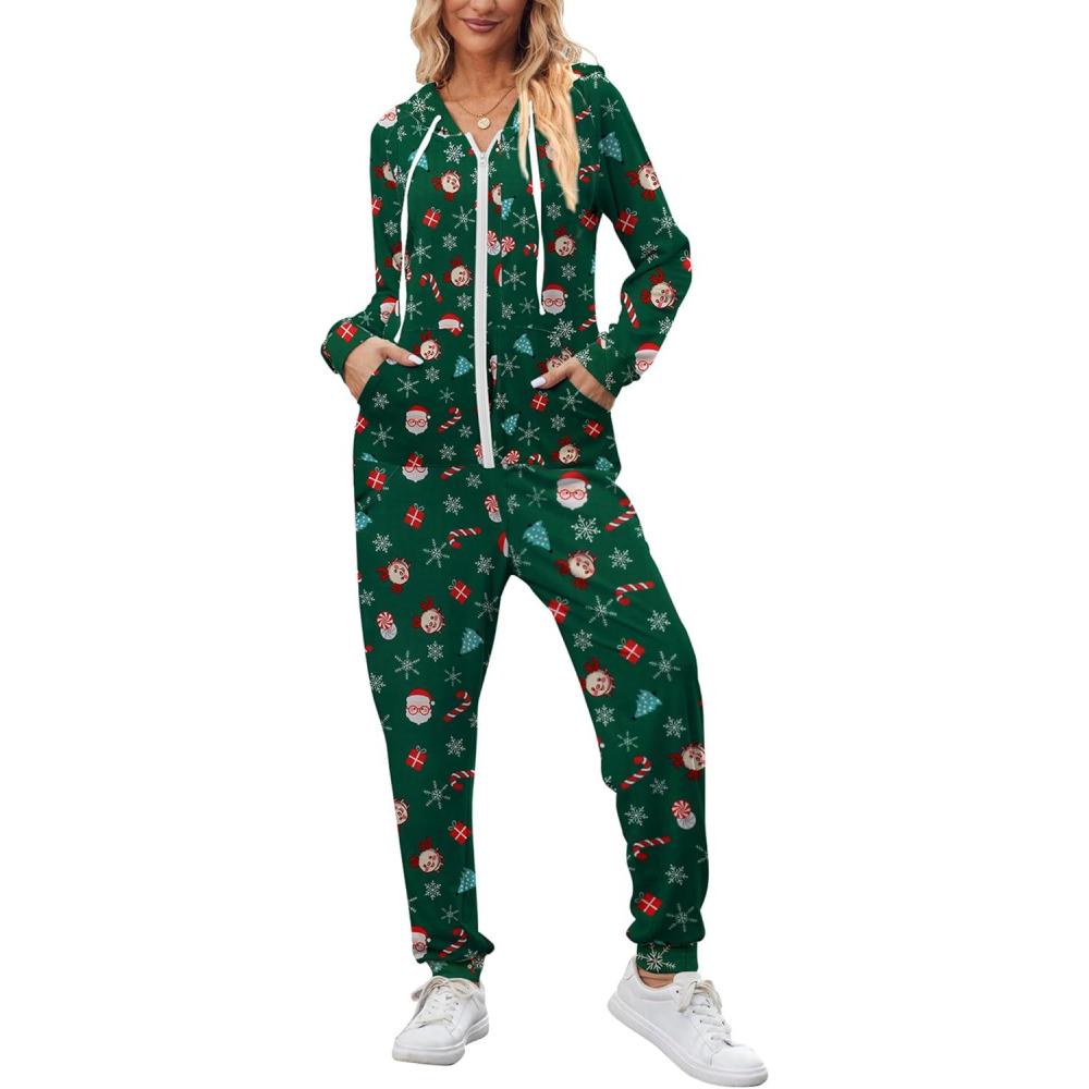 imageEkouaer Christmas Onesies for Women Zipper Hooded Onesie Pajamas Adult Soft One Piece Pajama with PocketsSanta