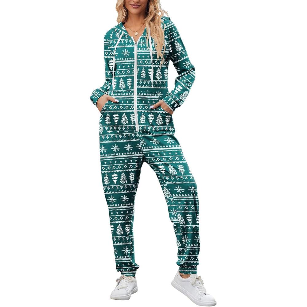 imageEkouaer Christmas Onesies for Women Zipper Hooded Onesie Pajamas Adult Soft One Piece Pajama with PocketsSnowflake