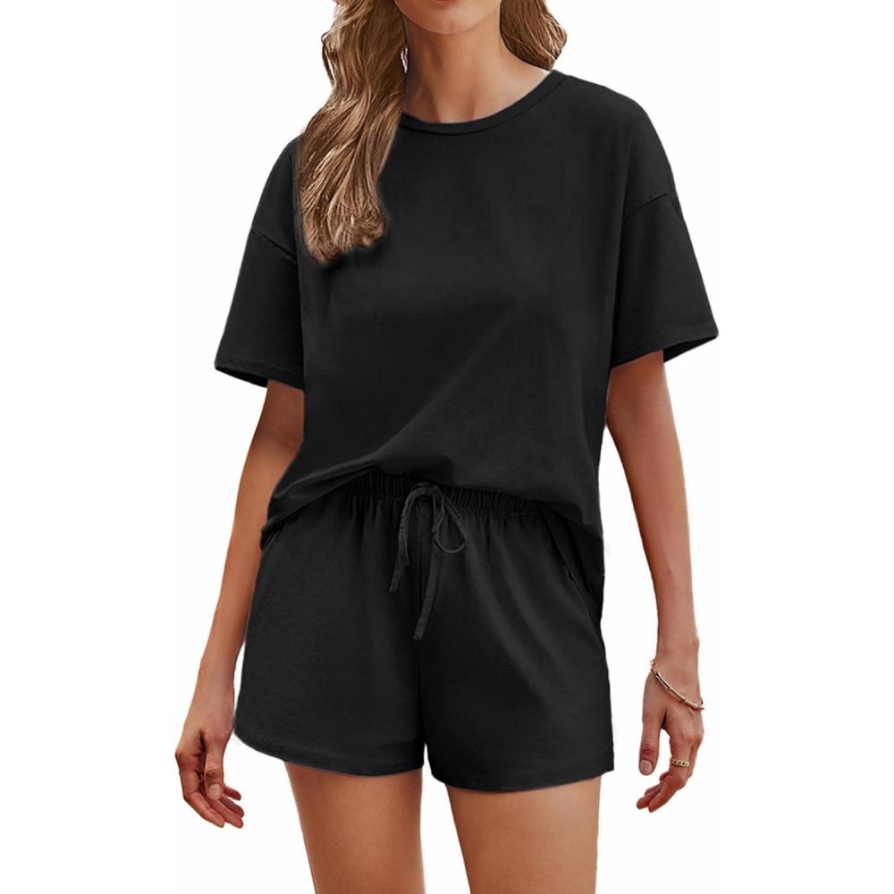 imageEkouaer Cotton Pajamas Set for Womens Soft Short Sleeve Lounge Set Shorts Sleepwear Set 2 Piece Pjs SetsBlack