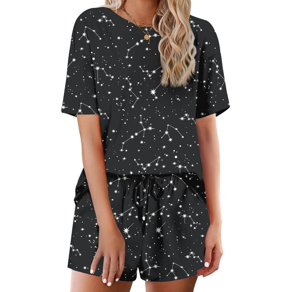 imageEkouaer Cotton Pajamas Set for Womens Soft Short Sleeve Lounge Set Shorts Sleepwear Set 2 Piece Pjs SetsBlack Sky