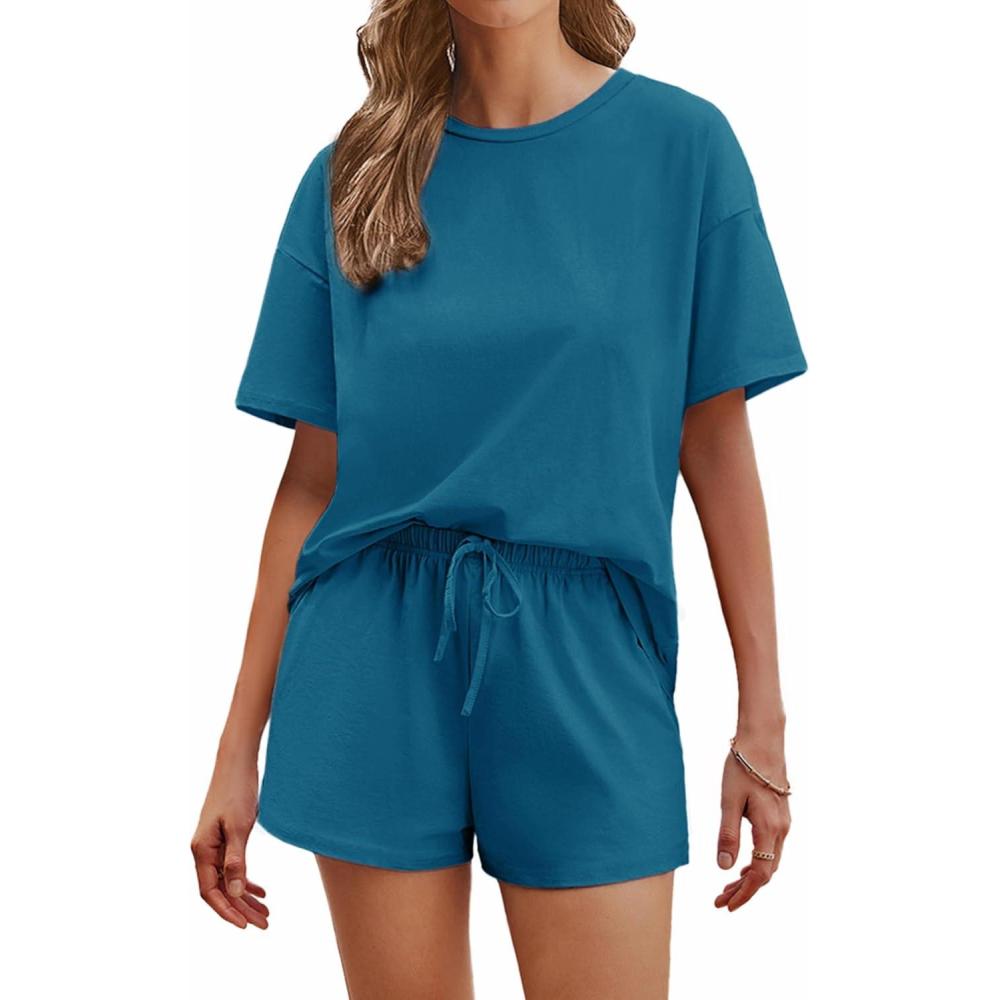 imageEkouaer Cotton Pajamas Set for Womens Soft Short Sleeve Lounge Set Shorts Sleepwear Set 2 Piece Pjs SetsBlue Green