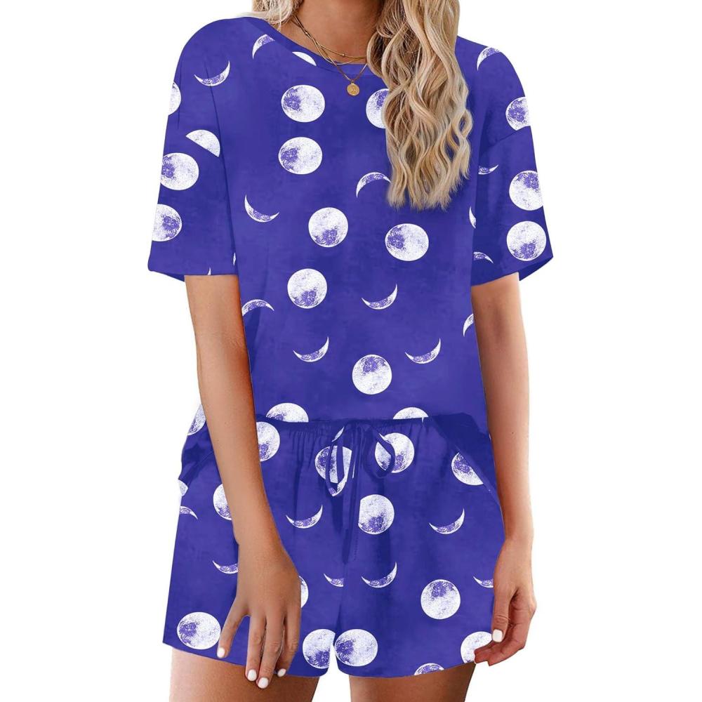 imageEkouaer Cotton Pajamas Set for Womens Soft Short Sleeve Lounge Set Shorts Sleepwear Set 2 Piece Pjs SetsBlue Sky