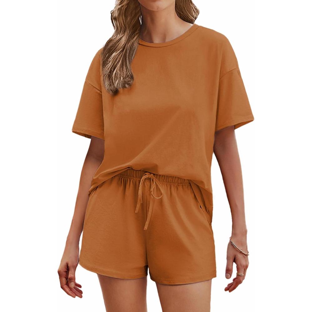 imageEkouaer Cotton Pajamas Set for Womens Soft Short Sleeve Lounge Set Shorts Sleepwear Set 2 Piece Pjs SetsCaramel