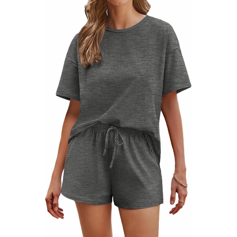 imageEkouaer Cotton Pajamas Set for Womens Soft Short Sleeve Lounge Set Shorts Sleepwear Set 2 Piece Pjs SetsDark Grey