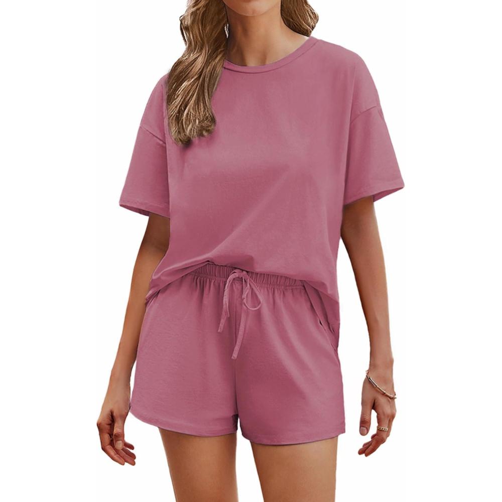 imageEkouaer Cotton Pajamas Set for Womens Soft Short Sleeve Lounge Set Shorts Sleepwear Set 2 Piece Pjs SetsDark Pink