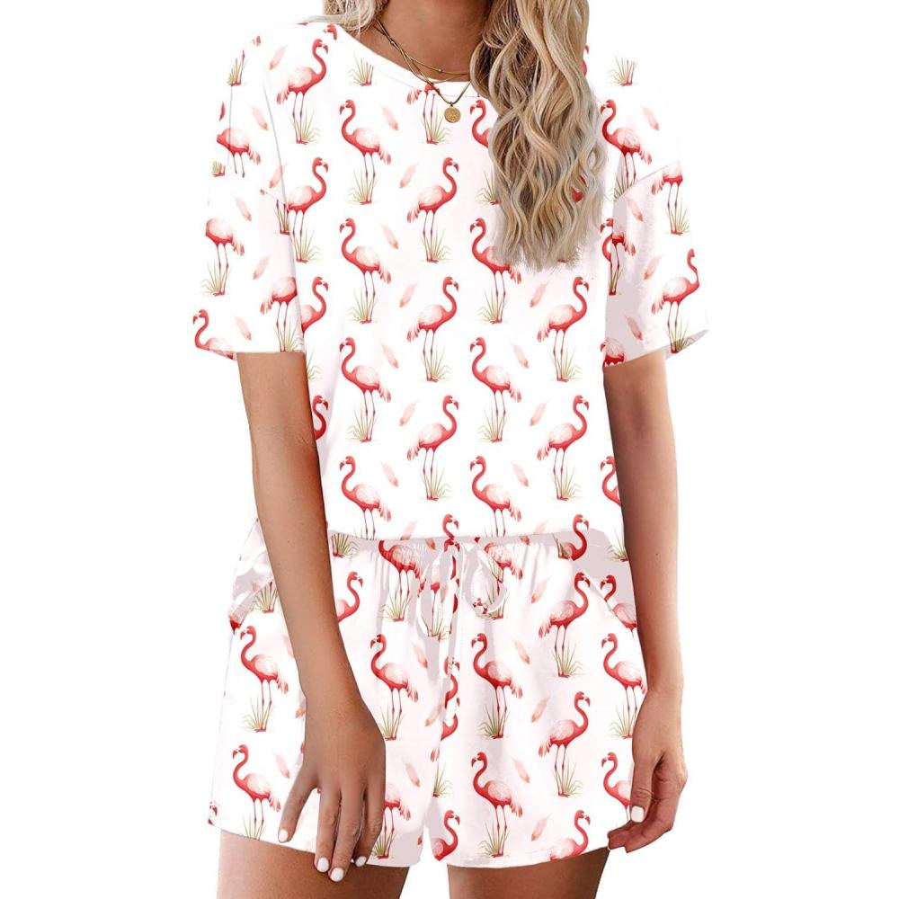 imageEkouaer Cotton Pajamas Set for Womens Soft Short Sleeve Lounge Set Shorts Sleepwear Set 2 Piece Pjs SetsFlamingo