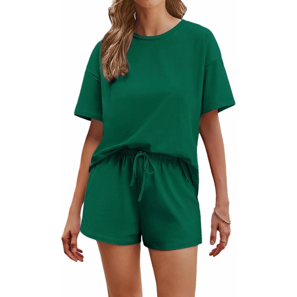imageEkouaer Cotton Pajamas Set for Womens Soft Short Sleeve Lounge Set Shorts Sleepwear Set 2 Piece Pjs SetsGreen