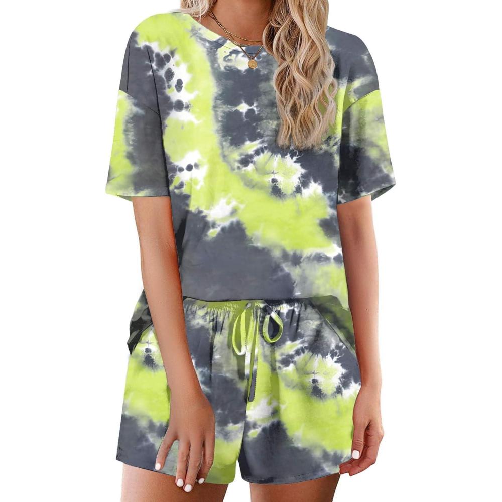 imageEkouaer Cotton Pajamas Set for Womens Soft Short Sleeve Lounge Set Shorts Sleepwear Set 2 Piece Pjs SetsGreen Tie Dye