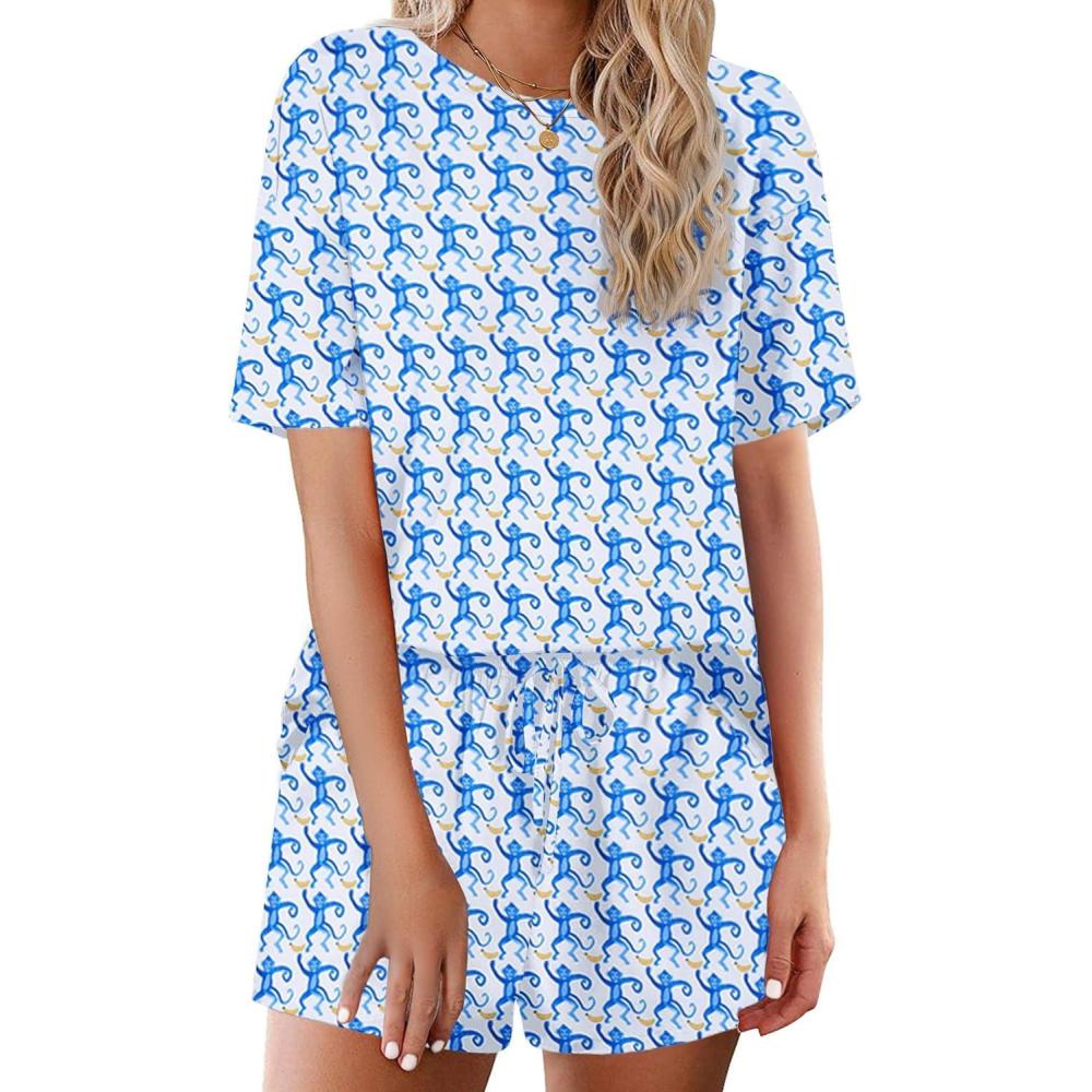 imageEkouaer Cotton Pajamas Set for Womens Soft Short Sleeve Lounge Set Shorts Sleepwear Set 2 Piece Pjs SetsMonkey