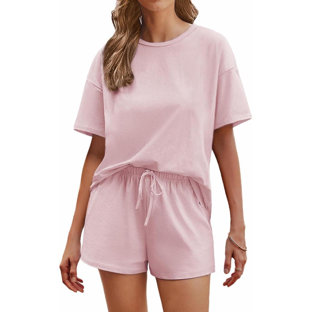 imageEkouaer Cotton Pajamas Set for Womens Soft Short Sleeve Lounge Set Shorts Sleepwear Set 2 Piece Pjs SetsPink