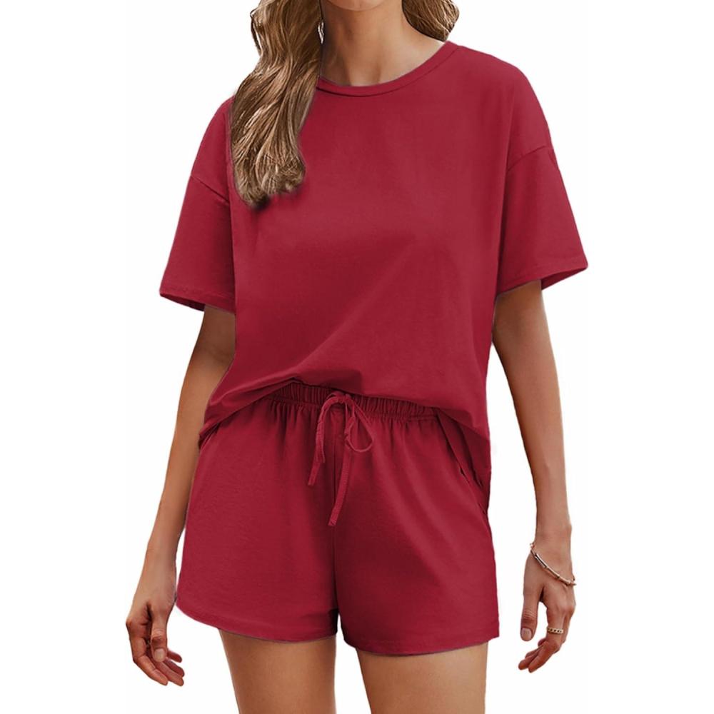 imageEkouaer Cotton Pajamas Set for Womens Soft Short Sleeve Lounge Set Shorts Sleepwear Set 2 Piece Pjs SetsRed