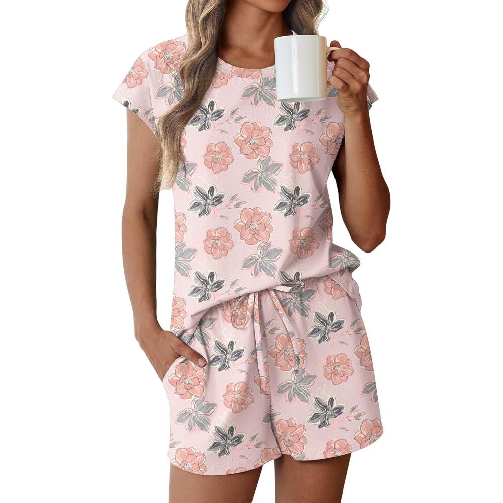 imageEkouaer Cotton Pajamas for Women Set 2 Piece Cap Sleeve Pjs Shorts Set Lounge Sets Sleepwear SXXLGrey Pink Flower