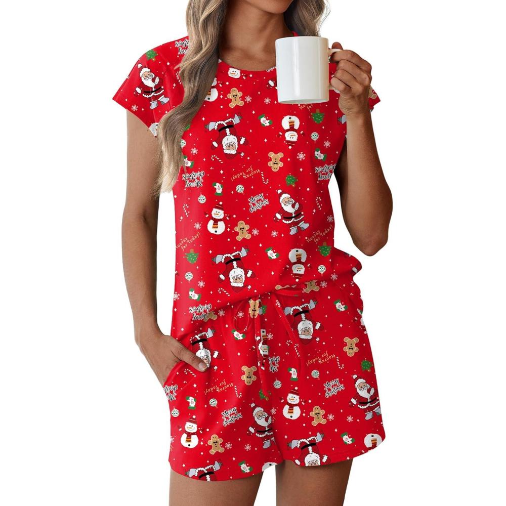 imageEkouaer Cotton Pajamas for Women Set 2 Piece Cap Sleeve Pjs Shorts Set Lounge Sets Sleepwear SXXLRed Christmas Pattern