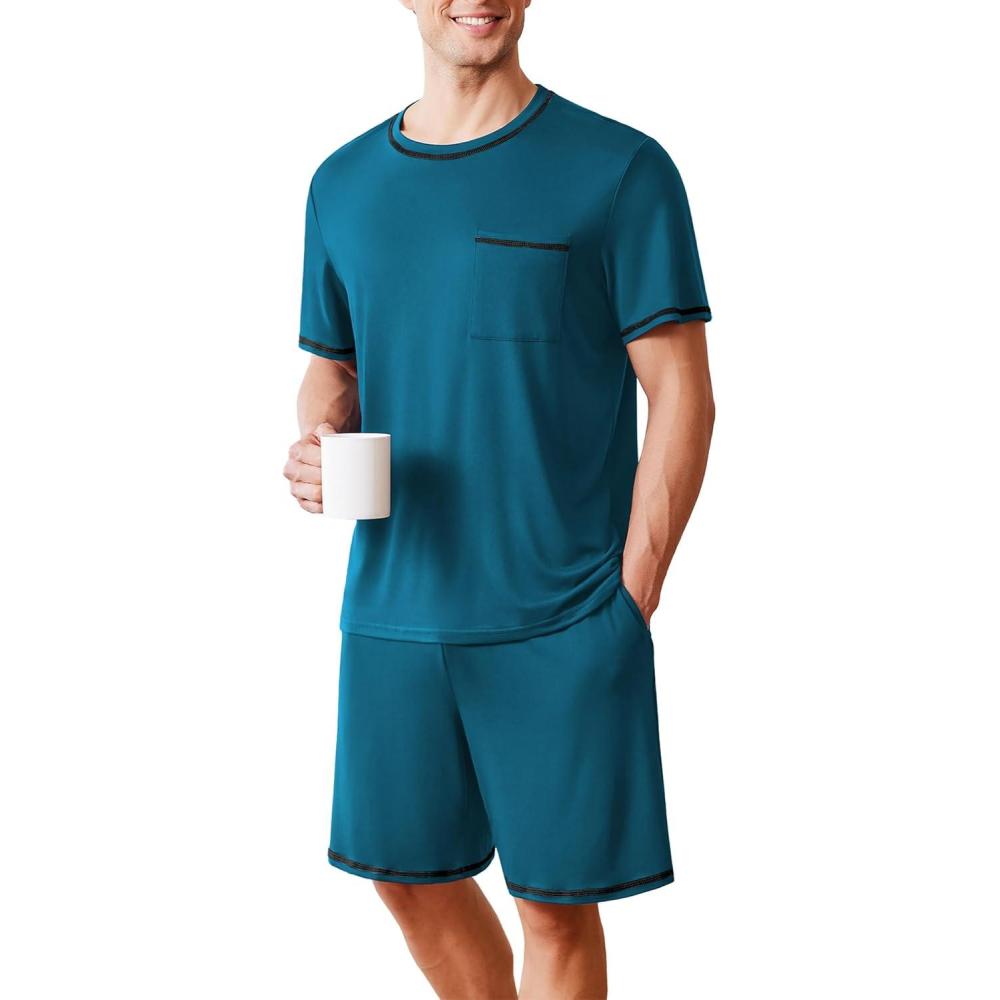 imageEkouaer Mens Pajamas Set Casual Short Sleeve Shirts and Shorts Soft 2 Piece Loungewear With PocketsBlue Green