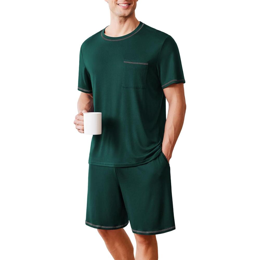 imageEkouaer Mens Pajamas Set Casual Short Sleeve Shirts and Shorts Soft 2 Piece Loungewear With PocketsGreen