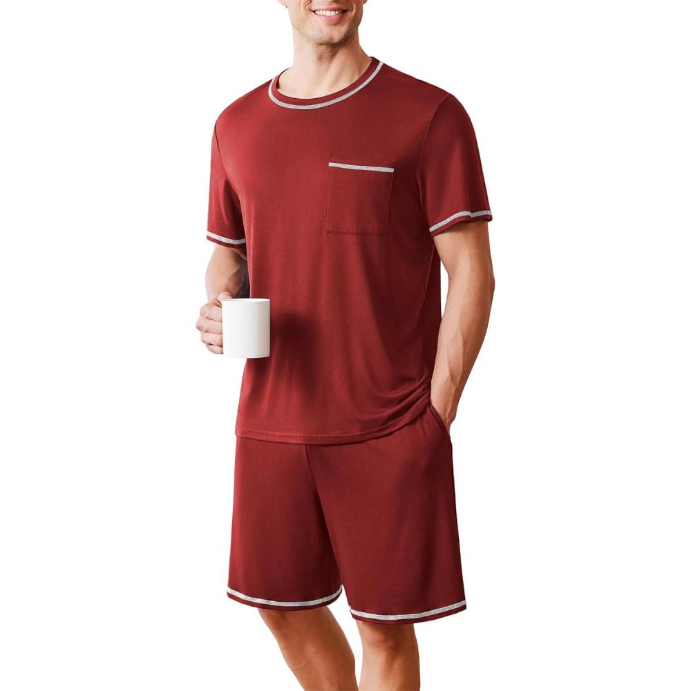 imageEkouaer Mens Pajamas Set Casual Short Sleeve Shirts and Shorts Soft 2 Piece Loungewear With PocketsWine Red