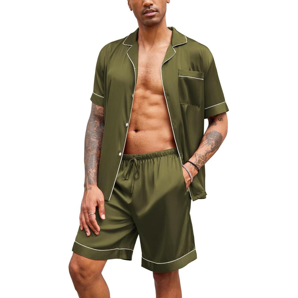 imageEkouaer Mens Satin Pajamas Set ButtonDown Short Sleeve Shirt Top Soft Silk Sleepwear Shorts with PocketsArmy Green