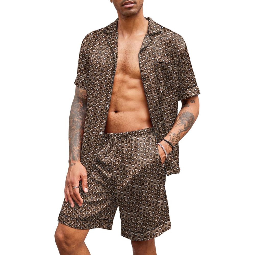 imageEkouaer Mens Satin Pajamas Set ButtonDown Short Sleeve Shirt Top Soft Silk Sleepwear Shorts with PocketsGeometric Gold