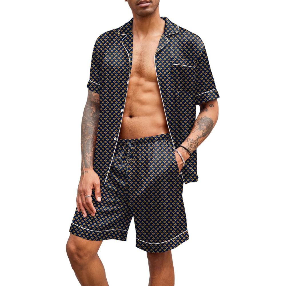 imageEkouaer Mens Satin Pajamas Set ButtonDown Short Sleeve Shirt Top Soft Silk Sleepwear Shorts with PocketsGeometric Yellow