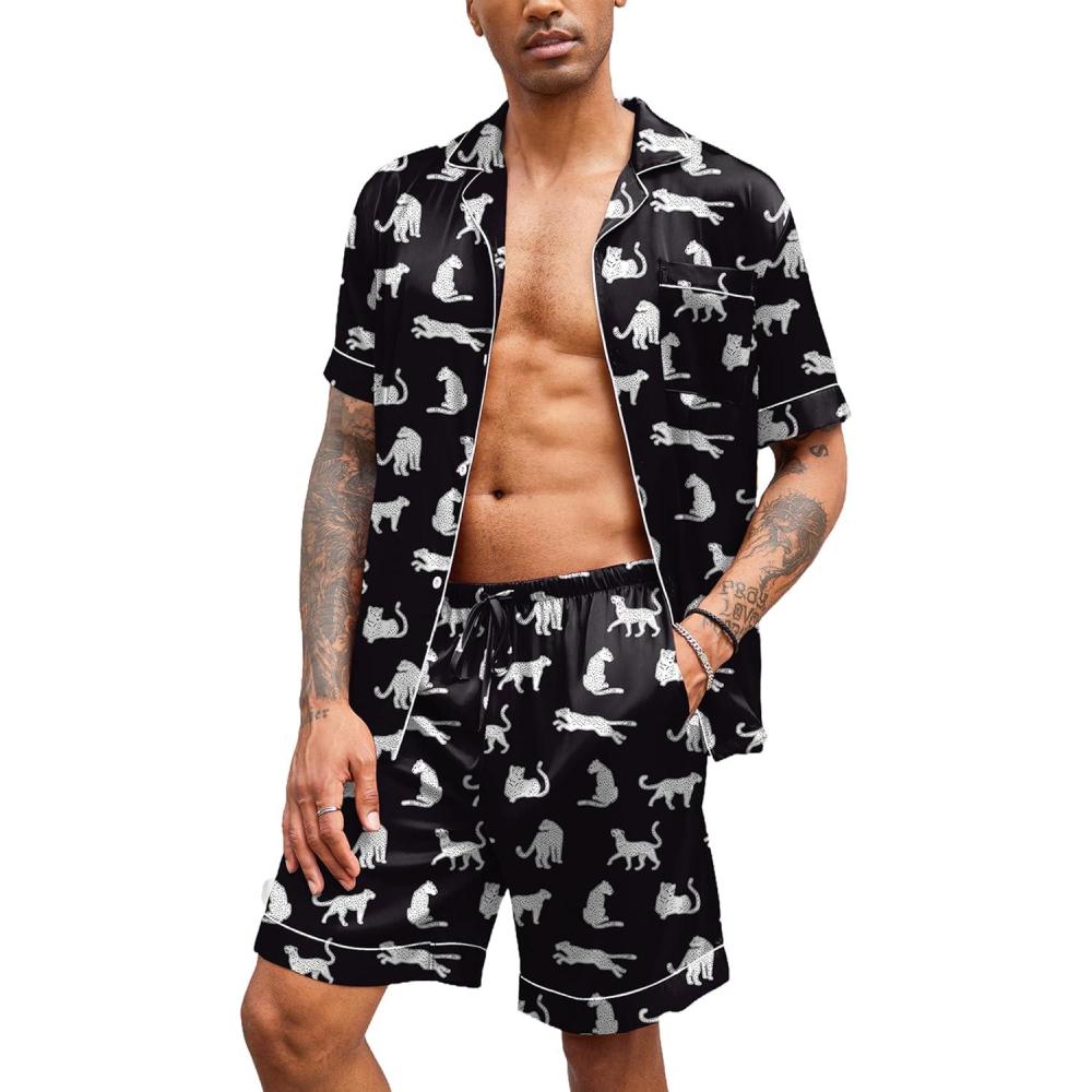 imageEkouaer Mens Satin Pajamas Set ButtonDown Short Sleeve Shirt Top Soft Silk Sleepwear Shorts with PocketsWhite Leopard