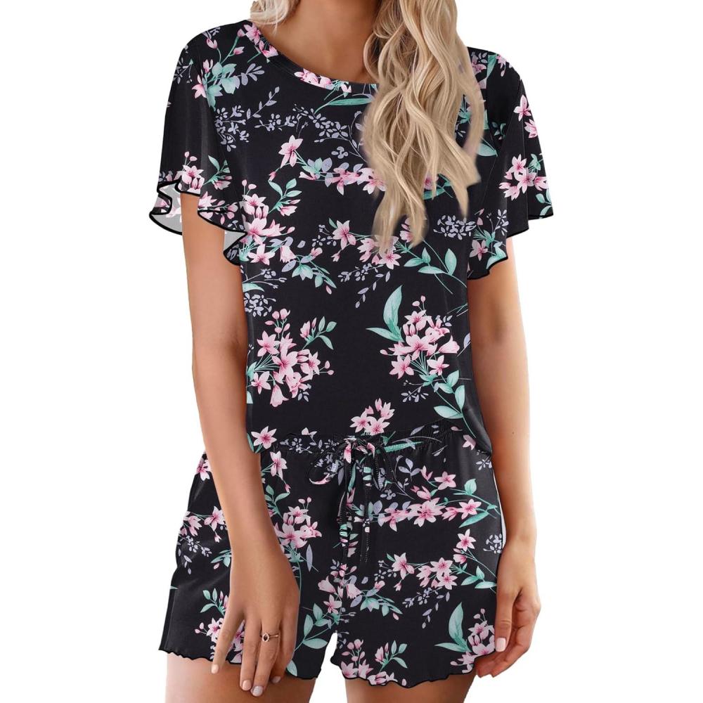 imageEkouaer Pajama Set for Women 2 Piece Lounge Set Short Sleeve Pjs Tops and Shorts Soft Sleepwear SXXLBlack Big Flowers