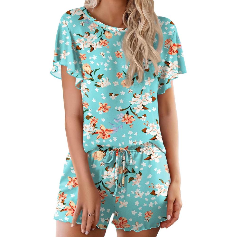 imageEkouaer Pajama Set for Women 2 Piece Lounge Set Short Sleeve Pjs Tops and Shorts Soft Sleepwear SXXLGreen Flowers
