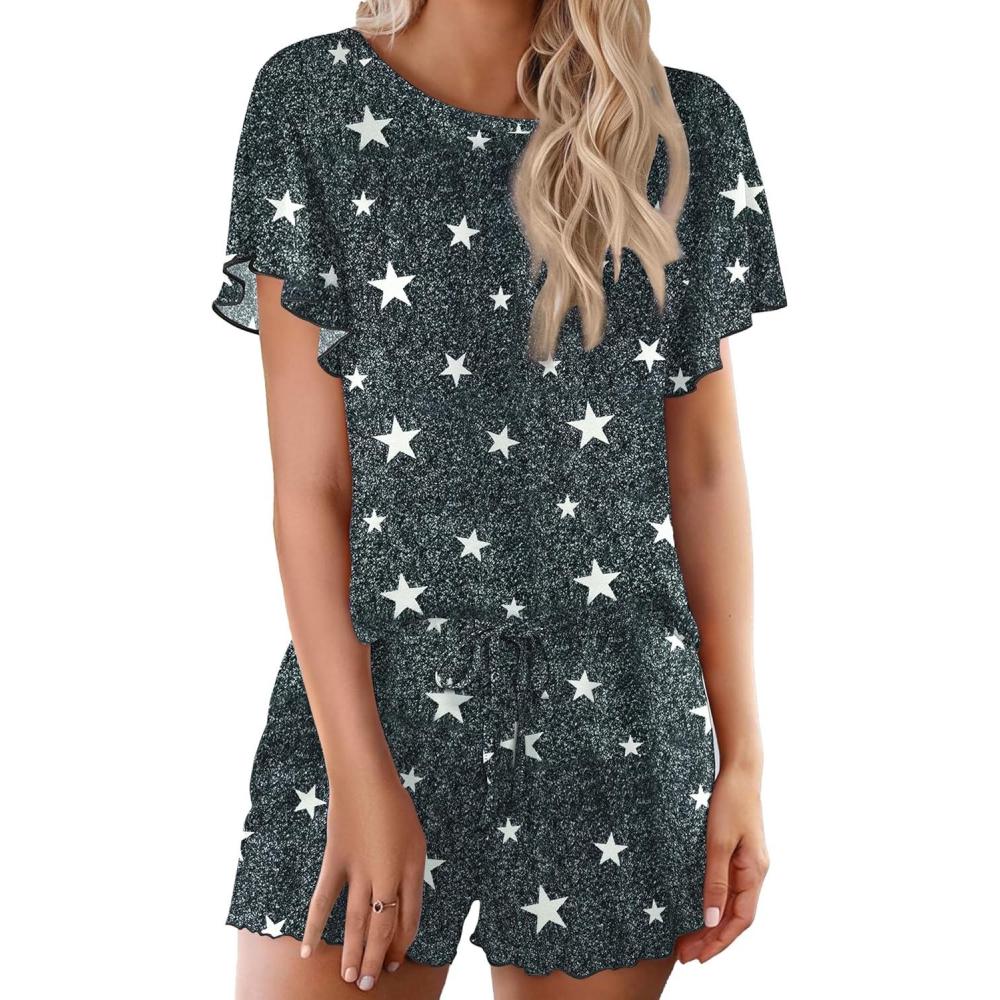 imageEkouaer Pajama Set for Women 2 Piece Lounge Set Short Sleeve Pjs Tops and Shorts Soft Sleepwear SXXLGrey Stars