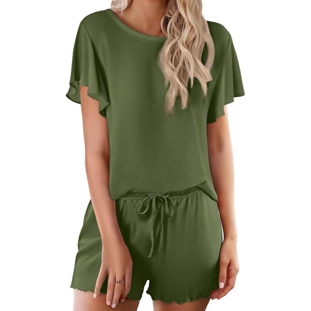 imageEkouaer Pajama Set for Women 2 Piece Lounge Set Short Sleeve Pjs Tops and Shorts Soft Sleepwear SXXLSolidarmy Green