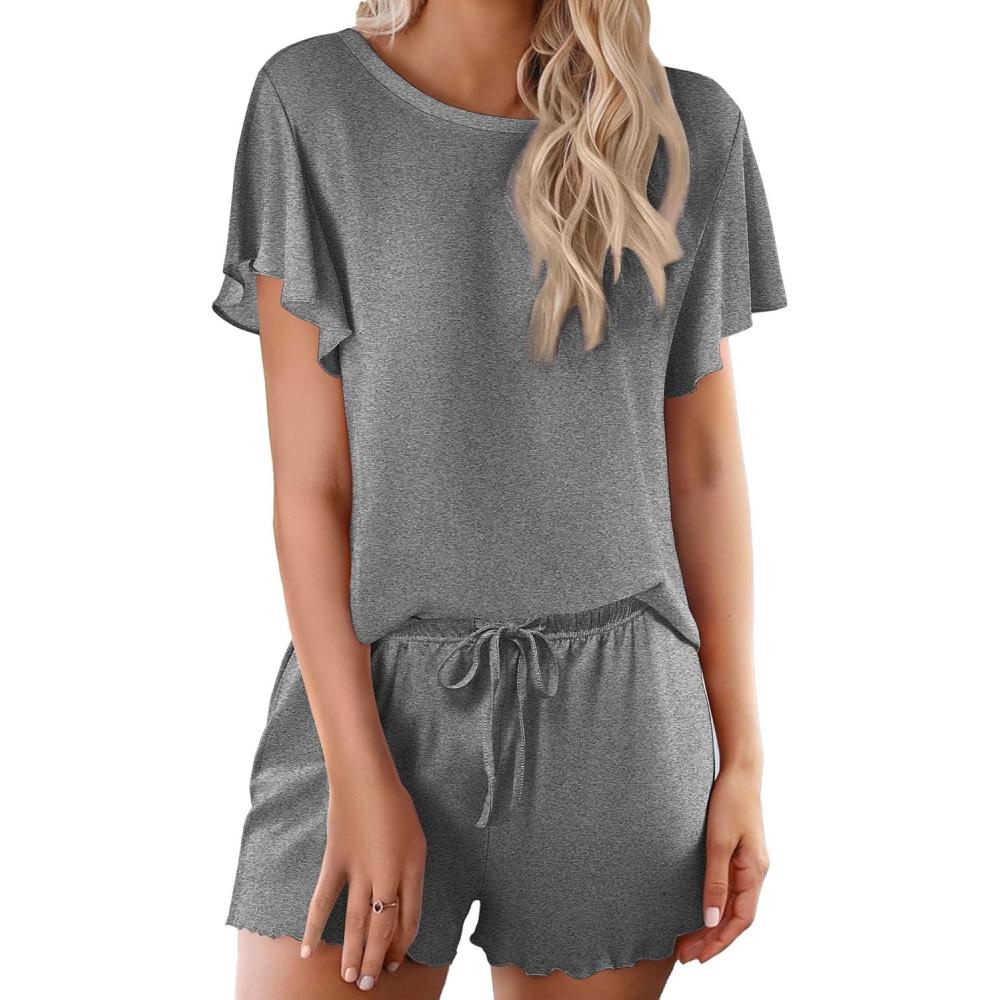 imageEkouaer Pajama Set for Women 2 Piece Lounge Set Short Sleeve Pjs Tops and Shorts Soft Sleepwear SXXLSolidlight Grey