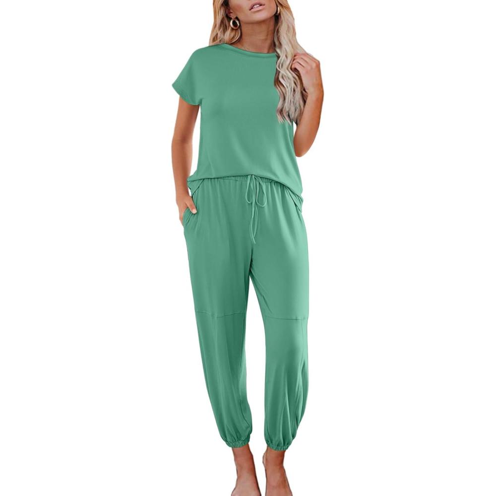 imageEkouaer Pajamas for Women 2 Piece Lounge Sets Cap Sleeve Loungewear Top with Joggers Pants SXXLGray Green
