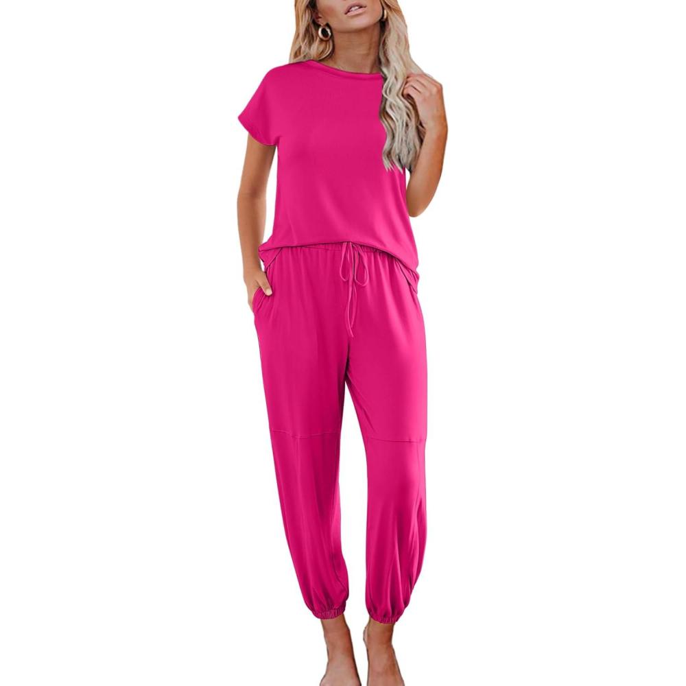 imageEkouaer Pajamas for Women 2 Piece Lounge Sets Cap Sleeve Loungewear Top with Joggers Pants SXXLRose Red