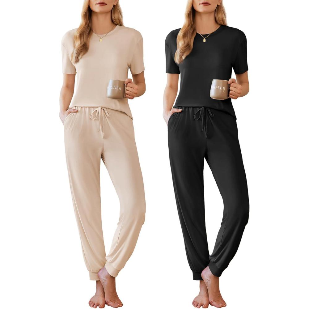 imageEkouaer Pajamas for Women Set 2 Pack Lounge Set Short Sleeve Pjs Joggers Long Pants Loungepwear with PocketsBlackchampagne