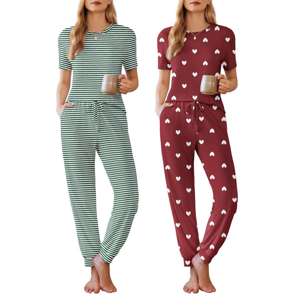 imageEkouaer Pajamas for Women Set 2 Pack Lounge Set Short Sleeve Pjs Joggers Long Pants Loungepwear with PocketsGreen Stripered Heart