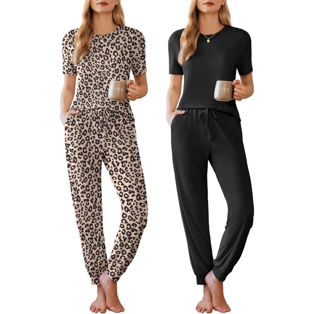 imageEkouaer Pajamas for Women Set 2 Pack Lounge Set Short Sleeve Pjs Joggers Long Pants Loungepwear with PocketsLeopardblack
