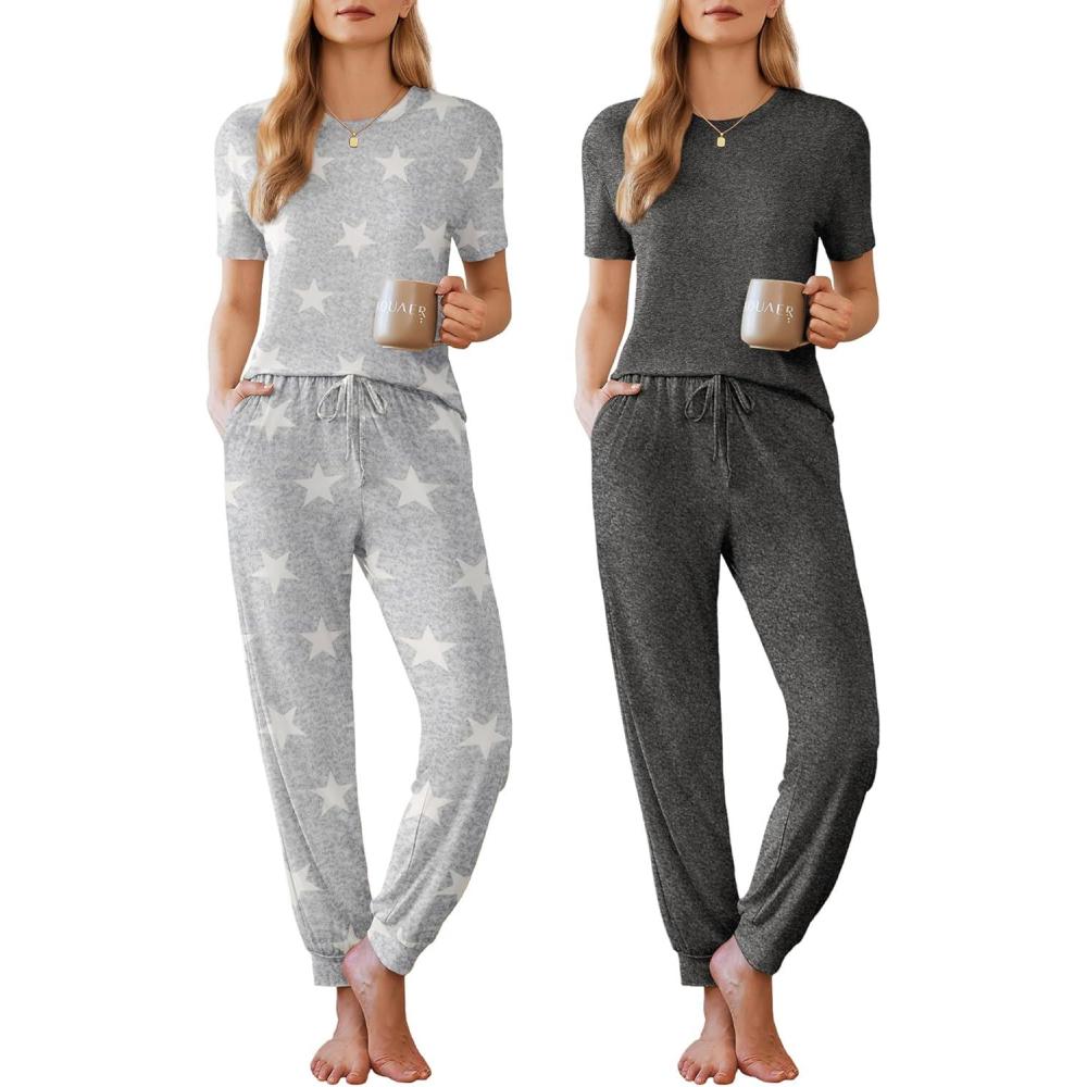 imageEkouaer Pajamas for Women Set 2 Pack Lounge Set Short Sleeve Pjs Joggers Long Pants Loungepwear with PocketsLight Gray Stardark Gray