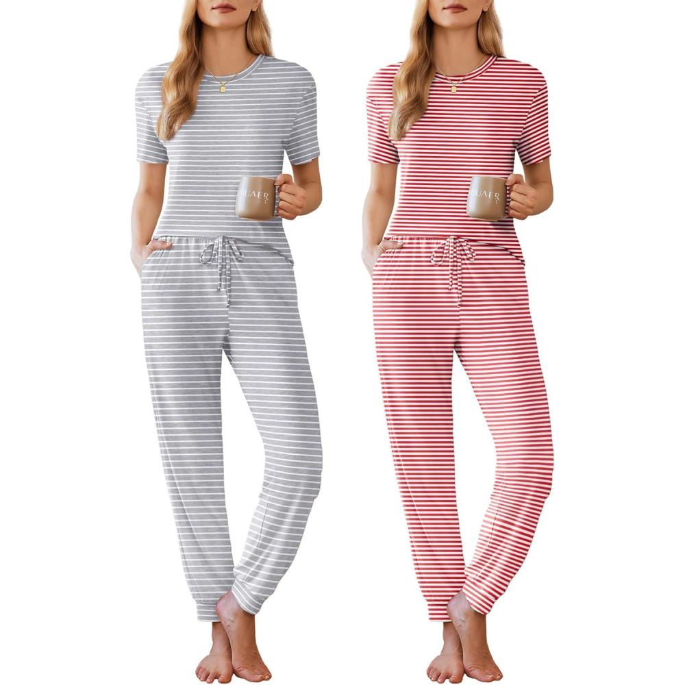 imageEkouaer Pajamas for Women Set 2 Pack Lounge Set Short Sleeve Pjs Joggers Long Pants Loungepwear with PocketsLight Gray Stripered Stripe
