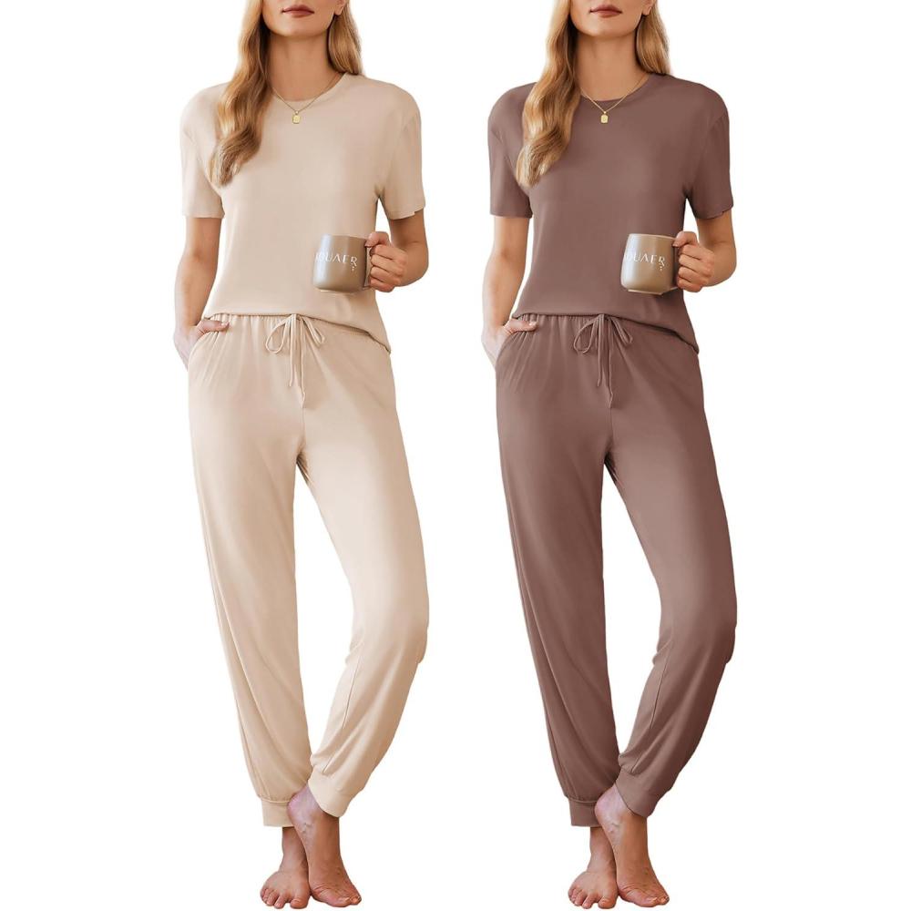 imageEkouaer Pajamas for Women Set 2 Pack Lounge Set Short Sleeve Pjs Joggers Long Pants Loungepwear with PocketsLight Khakibrown