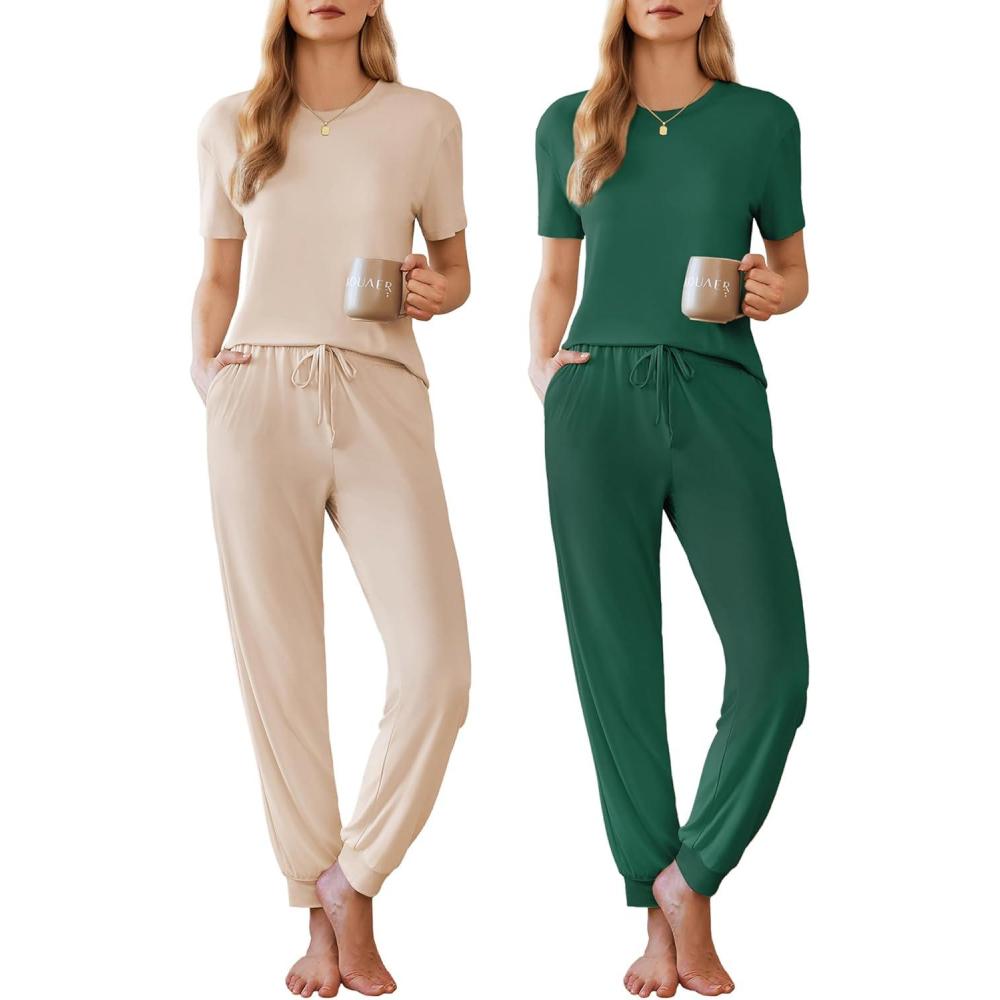 imageEkouaer Pajamas for Women Set 2 Pack Lounge Set Short Sleeve Pjs Joggers Long Pants Loungepwear with PocketsLight Khakidark Green