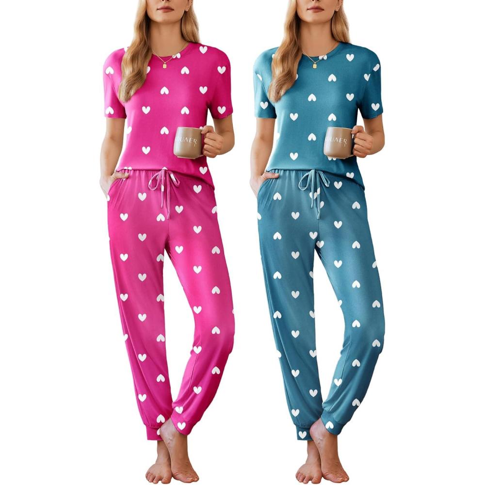 imageEkouaer Pajamas for Women Set 2 Pack Lounge Set Short Sleeve Pjs Joggers Long Pants Loungepwear with PocketsPink Heartgreen Heart