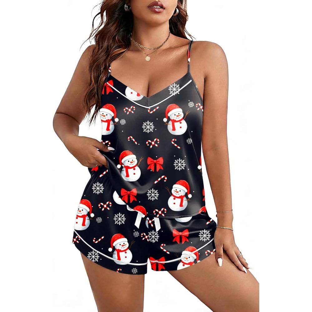 imageEkouaer Pajamas for Women Set Silk Satin Pjs Sexy Lingerie Sleepwear Cami Shorts Set Summer Nightwear SXXLChristmas Pattern