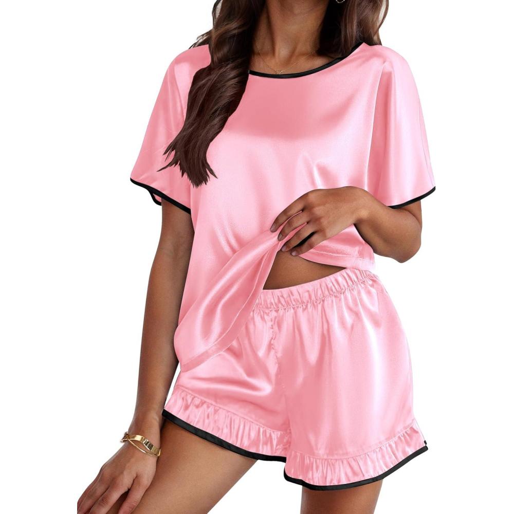 imageEkouaer Satin Pajama Set for Women 2 Piece Silk Pjs Soft Short Sleeve Sleepwear Top with Ruffle Shorts SXXLLight Pink