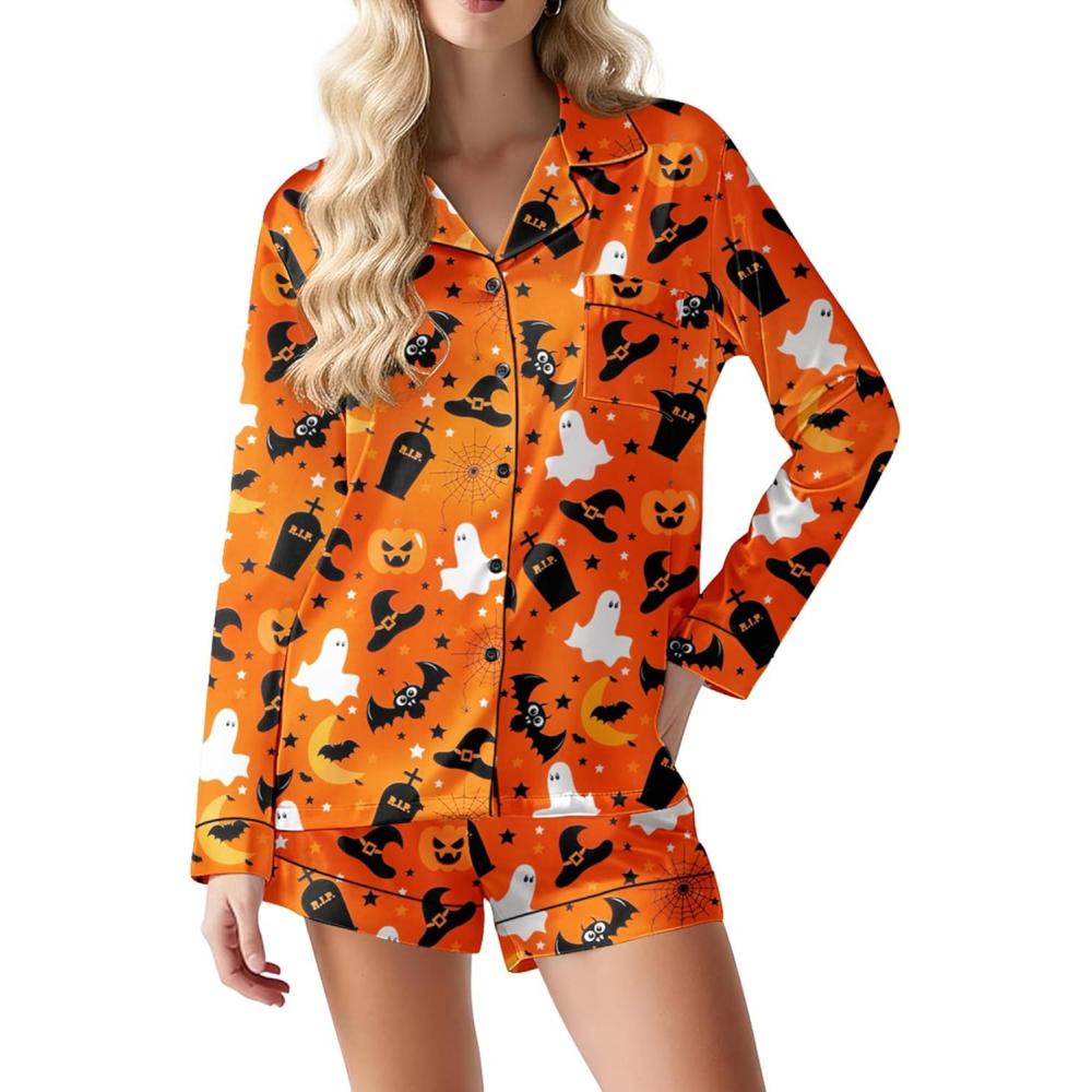 imageEkouaer Satin Pajama Set for Women Button Down Pj Set Long Sleeve Top and Shorts 2 Piece Loungewear Summer Soft SleepwearPumpkin