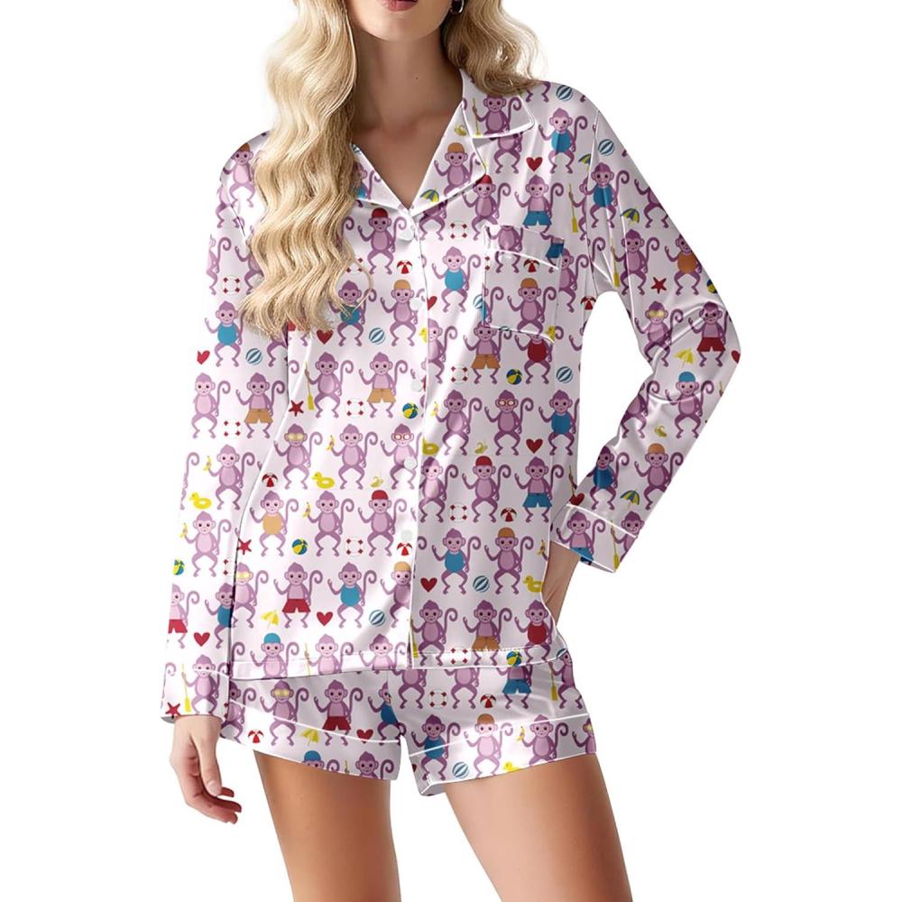 imageEkouaer Satin Pajama Set for Women Button Down Pj Set Long Sleeve Top and Shorts 2 Piece Loungewear Summer Soft SleepwearPurple Monkey