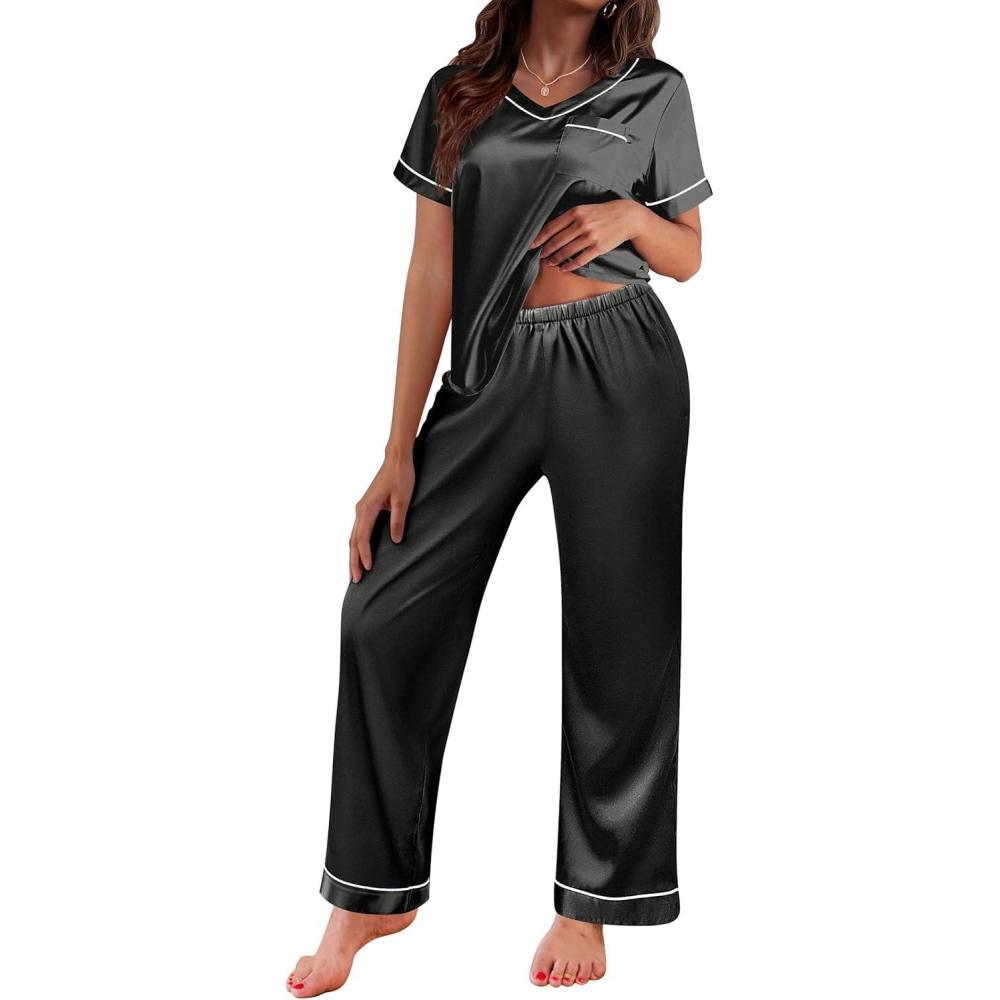 imageEkouaer Satin Pajamas for Women Short Sleeve Silk Pajama Sets Soft Sleepwear Top with Causal Long Pj PantBlack