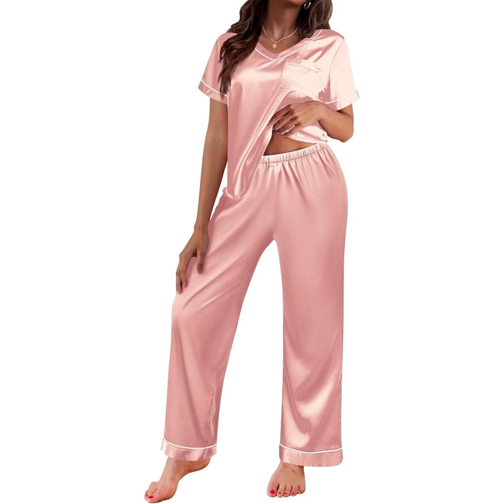 imageEkouaer Satin Pajamas for Women Short Sleeve Silk Pajama Sets Soft Sleepwear Top with Causal Long Pj PantDark Pink