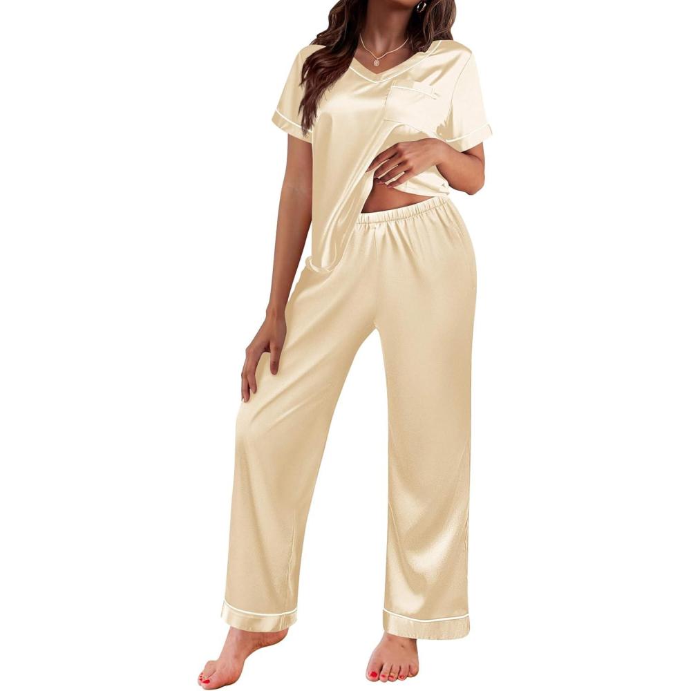 imageEkouaer Satin Pajamas for Women Short Sleeve Silk Pajama Sets Soft Sleepwear Top with Causal Long Pj PantLight Coffee